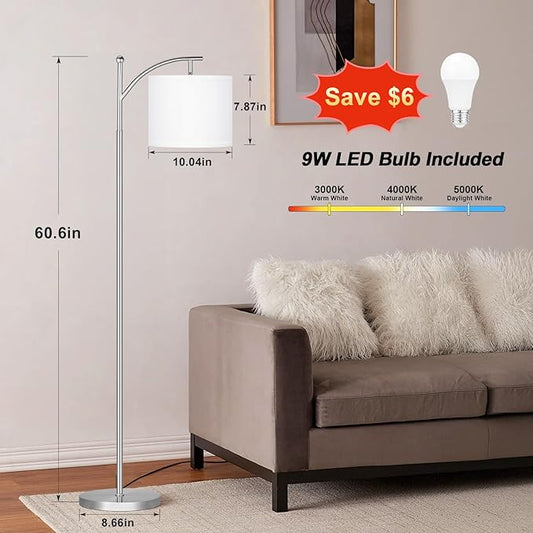 60" Floor Lamps for Living Room with 3 Color Temperatures, Adjustable White Shade with Silver Pole, Tall Lamps for Living Room Bedroom Office Classroom Dorm Room, 9W Bulb Included