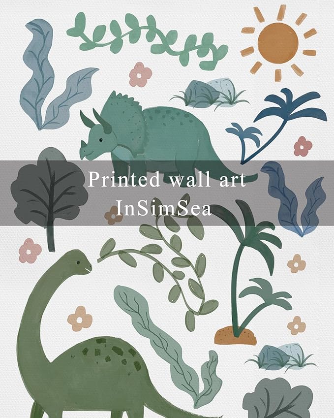InSimSea Framed Canvas Prints Art Vintage Decor, Green Blue Dino Flower Nursery Animal Painting, Dinosaur Wall Art for Kids Toddler Bedroom Boys Gift Room Small Shelf Decor, 12x16inch