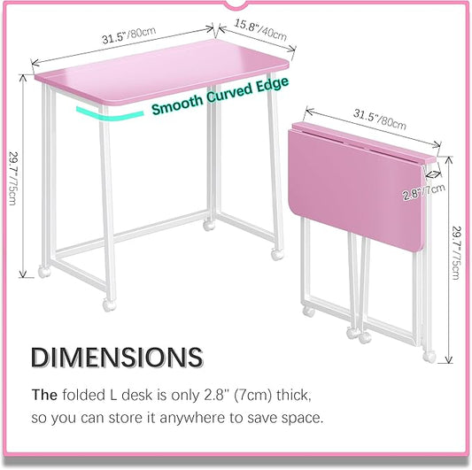 4NM 31.5" Mobile Small Folding Desk, Foldable Rolling Computer Home Office Desk, Study Writing Table for Small Space Saving Bedroom, with Wheels - Pink and White