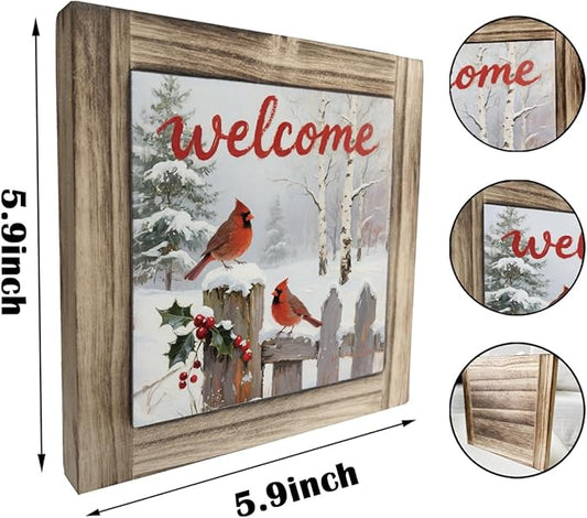 Christmas Welcome Sign, Cardinal Decors, Farmhouse Wooden Table Sign, Desk Decor Art, Winter Home Decor, Christmas Decoration for Home Office Cafe Bar Club, Front Door Porch Decors