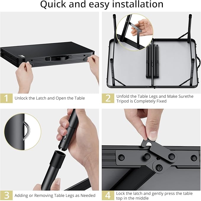 Anbte Folding Camping Table, 36" x 24" Portable Table Adjustable Height Max 28 inch Aluminum Folding Table with Storage Net, Lightweight, Portable Handle for Travel, Outdoor, Backyard (Black)