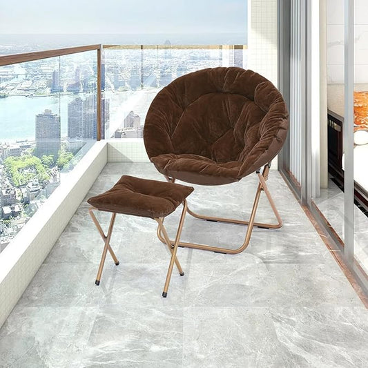 Athena Collection Modern Brown Faux Fur Velvet Saucer Foldable Round Cozy Accent Chair with Ottoman, 300lbs Weight Capacity, Perfect for Bedroom, Living Room, Outdoor Use