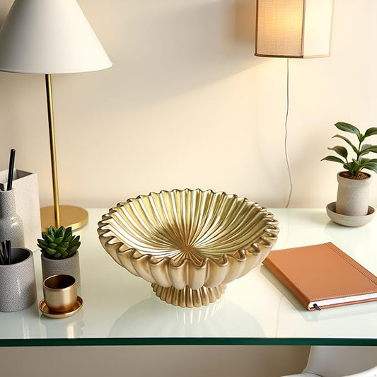 10" Large Decorative Bowl decor, Scalloped Bowls for Modern Home Decor,Ruffle Decor,Stylish Key Bowl for Entry Table,Decorative Fruit Bowl for Kitchen Counter,With base,Golden