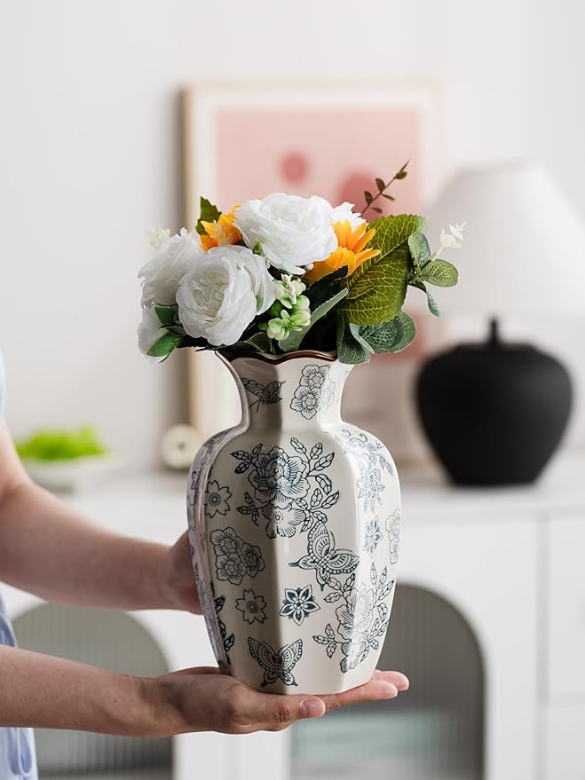 Blue and White Vase, Vintage Blue Ceramic Flower Vessel,Ceramic vases for Home Decor,Vintage Green and Beige for Console Table Mantle Chinoiserie Decor (Retro-02, Large)