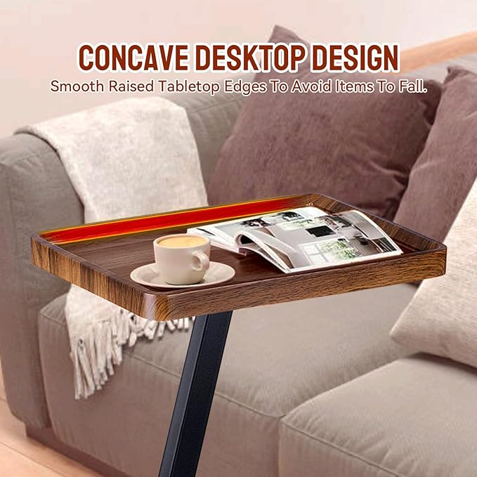 C Shaped End Table, C Shaped Side Table with Rolling Wheels, Side Table for Couches, Sofa Tables Slide Under Couch for Living Room, Over Couch TV Tray Table for Small Spaces(Walnut)
