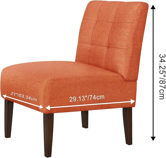 Slipper Accent Chair Modern Armless Lounge Chair with Wood Legs Upholstered Makeup Vanity Tufted Side Chair Fabric Comfy with Decor Back for Living Room Bedroom Patio (Pin Back, Orange)