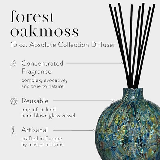 LAFCO New York Absolute Collection Reed Diffuser, Forest Oakmoss - 15 oz - Up to 1 Year Fragrance Life - Reusable, Hand Blown Glass Vessel - Nylon Reeds - Made in The USA