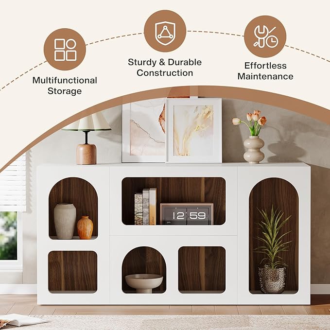 Tribesigns 59" White Console Table, Modern Entryway Table, Wooden Storage Organizer Entrance Table with 6 Compartments, Long Sofa Table, Behind Couch Table with Storage for Living Room, Hallway, Foyer