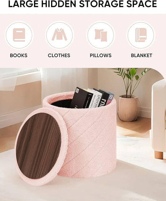 B FSOBEIIALEO Ottoman with Stroage, Boucle Round Storage Ottoman with Tray,Foot Rest Stool for Dorm Room, Living Room Pink, 16.93"x16.93"x17.72"