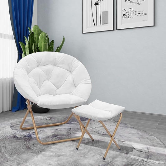 Athena Collection Modern White Faux Fur Saucer Chair with Ottoman, Foldable, Comfy Accent Chair for Bedroom, Living Room, Outdoor, 300lbs Weight Capacity