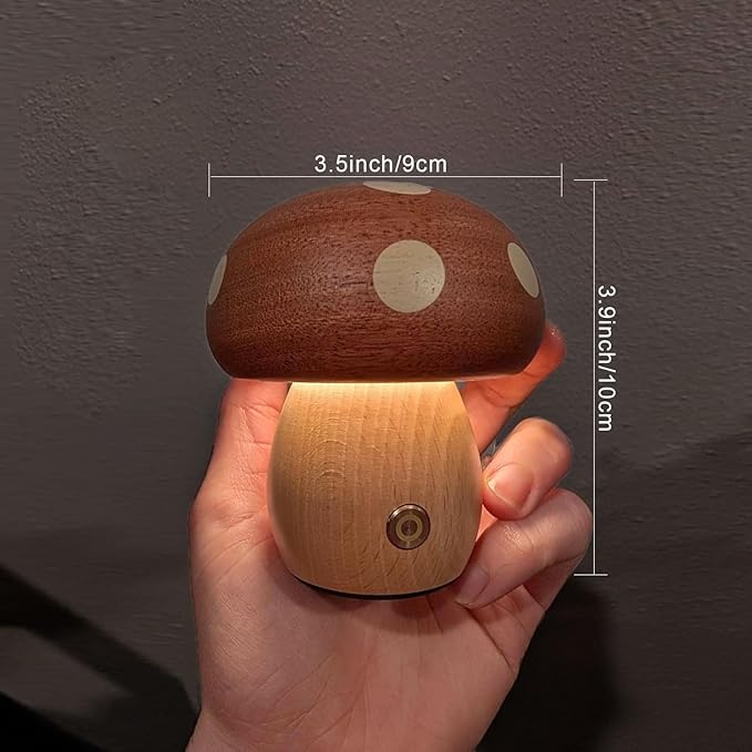 Wood Mushroom Lamp, Rechargeable Small Bedside Lamp, Touch Mushroom Night Light Small lamp for nightstand, Portable Battery Operated Lights for Bedroom Kids Birthday Gifts