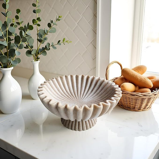 10" Large Decorative Bowl decor, Scalloped Bowls for Modern Home Decor,Ruffle Decor,Stylish Key Bowl for Entry Table,Decorative Fruit Bowl for Kitchen Counter,With base,Artificial Stone Beige
