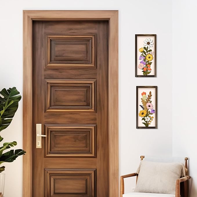 Kas Home 3D Floral Wall Art, 2 Set Rustic Wood Boho Flower with Vase Framed Wall Decor for Bathroom Living Room Bedroom Office Housewarming Gift, Ready To Hang Plaque Sculptures (White-A, 6L" x 12W", Framed)