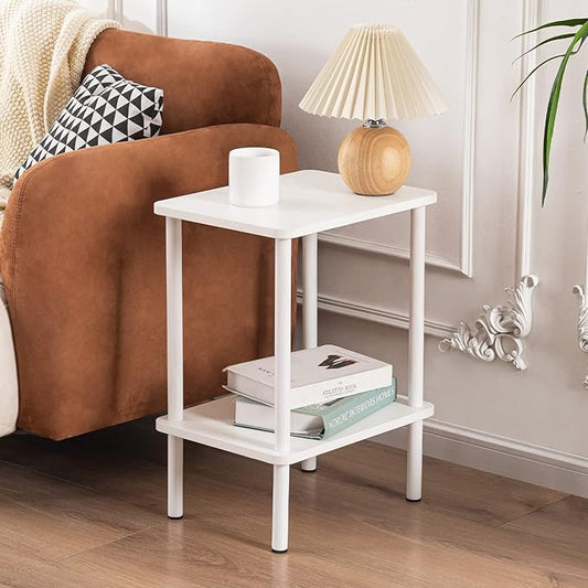 Apicizon 2 Tier End Table Set of 2, Small Side Table with Solid Wood Legs, Boho Bedside Table with Storage Shelf, Nightstand for Small Spaces, Bedroom, Living Room, Entryway, Easy Assembly, White