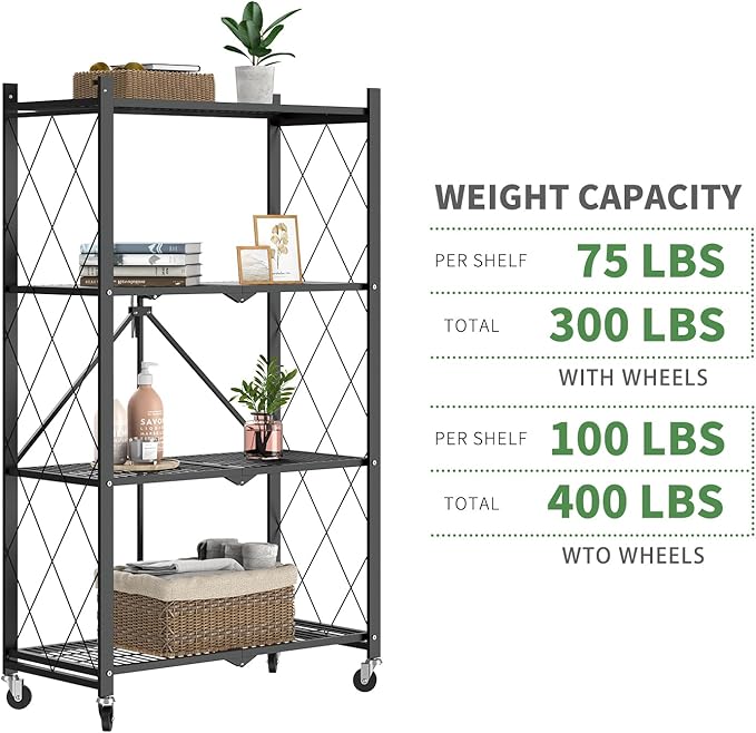 50" H 4 Tier Foldable Storage Shelf with Wheels, Folding Shelving Loads 400 LBS, Metal Steel Garage Shelves, Rolling Standing Utility Rack for Kitchen, Pantry, Office, Black