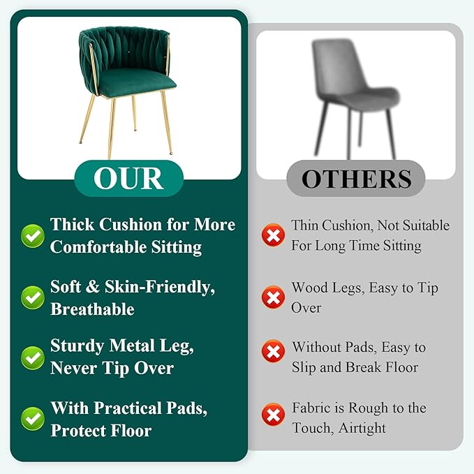 NIOIIKIT Modern Velvet Dining Chairs Hand Weaving Accent Chairs Living Room Chairs Upholstered Side Chair with Golden Metal Legs for Dining Room Kitchen Vanity Living Room (Emerald)