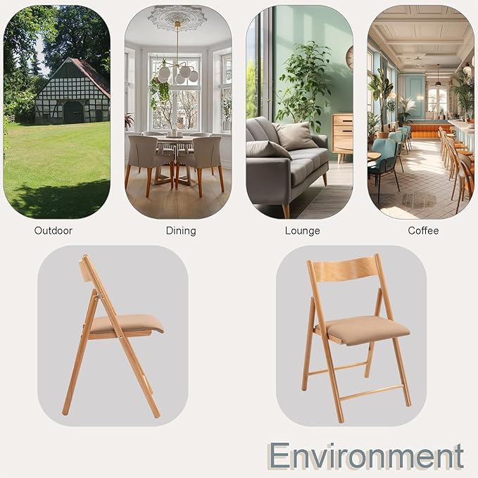 Folding Chairs Set of 4, Wooden Foldable Dining Chairs with Faux Leather Cushion 4-Pack Portable and Stackable Chairs for Dining Kitchen Office Wedding Picnic(Khaki,4Pack)