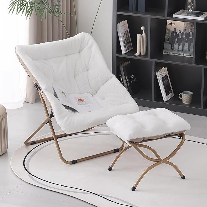 Saucer Chair with Ottoman, Comfy Bedroom & Living Room Chairs, Foldable Metal Frame Chair (White)