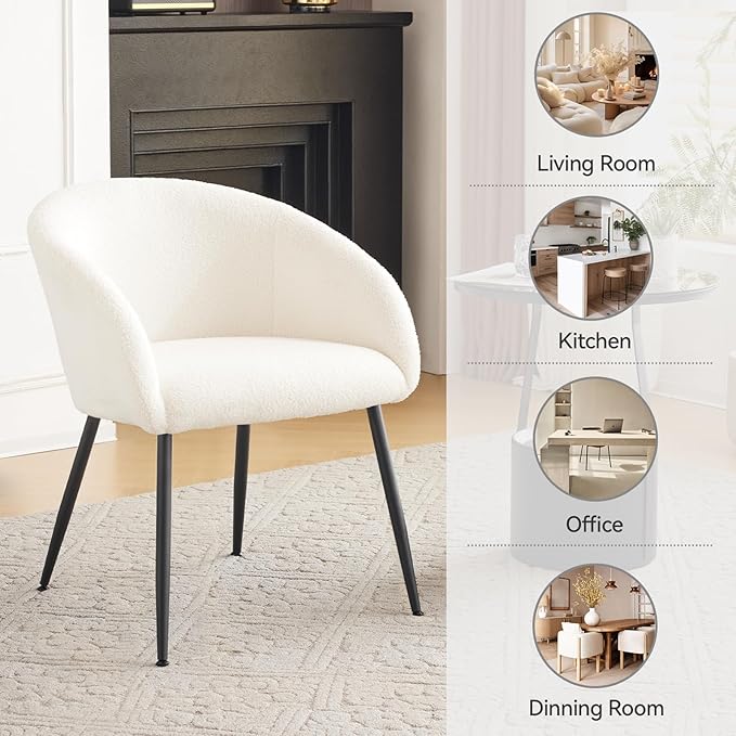 Modern Small Accent Chair Set of 4, Comfy Sherpa Makeup Vanity Chair with Metal Legs, Decorative Dining Chair no Wheels for Living Room, Dressing Room, Bedroom, White