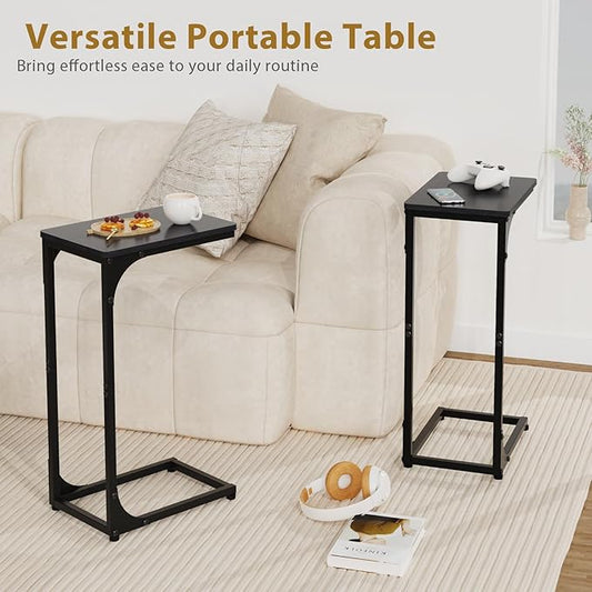 Narrow C Shaped End Tables Living Room TV Trays Set of 2, Small Thin Modern Side Table Skinny Slide Under Couch Tray Tables for Sofa Bedroom Small Space, Black