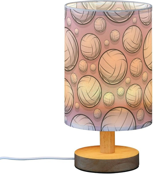 Table Lamp Volleyball Pattern Sport Purple Nightstand Lamp with Wood Base Fabric Lamp Shade Bedside Desk Lamp for Living Room Bedroom Kids Room Office