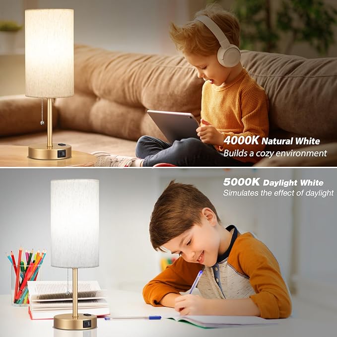 Dicoool Gold Bedside Table Lamp for Bedroom, 17Inch Tall Nightstand Lamp with USB C & A Ports & AC Outlet, 3 Color Temperatures Pull Chain Side Table Lamp for Living Room/Kitchen/Dorm/Office