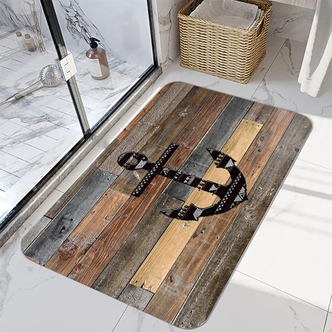 Bath Rugs Sponge Foam Absorbent Soft for Bathroom and Kitchen (30 x18 inches),Flannel Mat Non Slip Bright 3D Print for Bedside and Living Room(Old Wooden Plank Anchor)