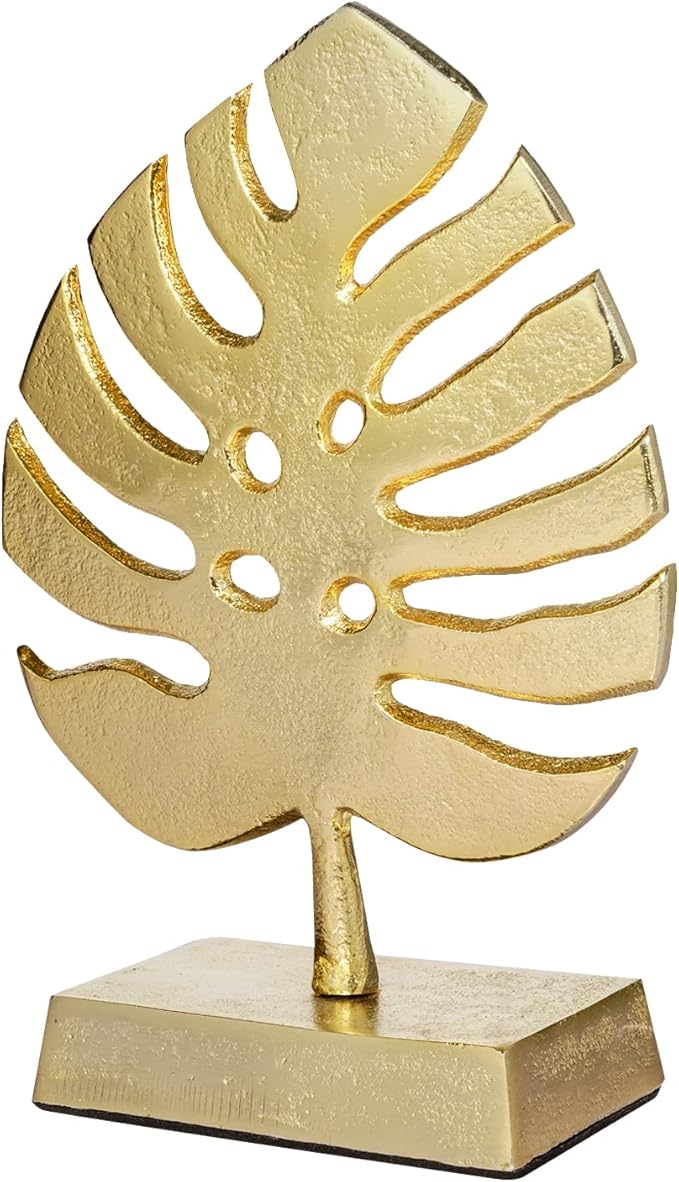 MyGift Brass Tone Metal Palm Leaf Modern Art Sculpture Decor, Monstera Plant Statue - Handcrafted in India