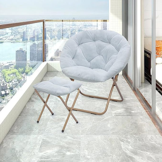 Athena Collection Saucer Chair with Ottoman Comfy Chair for Bed Room Living Room Folding Round Cozy Chair Faux Fur Metal Frame Foldable Lazy Chair Accent Chair Reading Chair, Blue