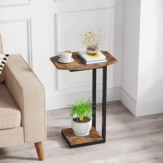 Hosfais Small Side Table End Table, C Shaped Barrel Coffee Table with Metal Frame, Wooden TV Tray for Living Room, Bedroom, Couch, Small Spaces (Rustic Brown)