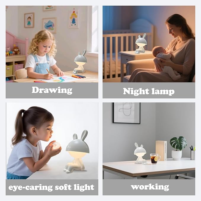 Night Light | Mini Desk Lamp | Table Lamps for Night Stands LED Cute Bunny 3 Level Dimmable Touch Light with Rechargeable Battery for Bedside Living Room Home Decor Christmas Gifts(White)