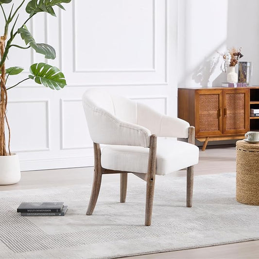 HEAH-YO Modern Comfy Accent Chair Set of 1,Upholstered Linen Living Room Chair,Reception Armchair with Solid Wood Legs,Reading Leisure Chair for Bedroom Makeup Vanity,Beige