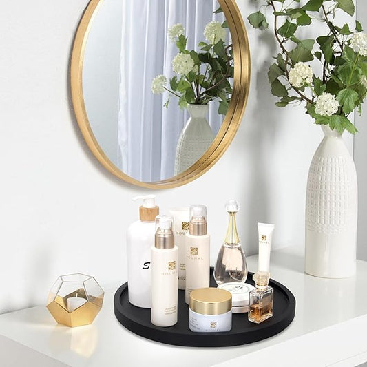 12" Black Wood Lazy Susan Cabinet Turntable Round Bathroom Vanity Organizer Tray Decorative Wooden Lazy Susans for Dining Table Top Kitchen Sink Countertop Large Lazy Susan Rotating Tray Spice Rack