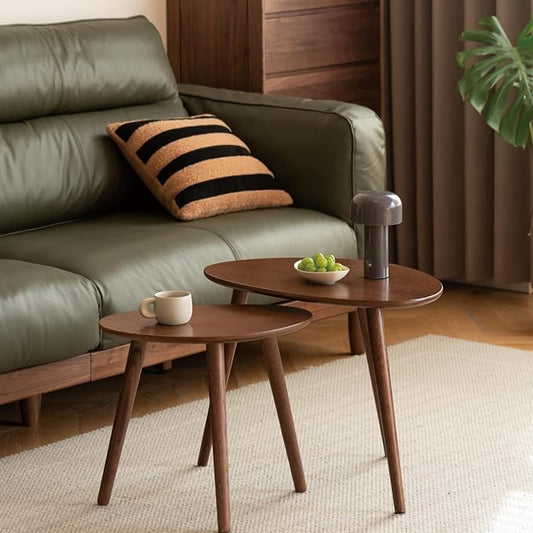 Small Oval Nesting Table, Mid Century Coffee Tables for Living Room,Solid Oak Wood Side Table,Triangle Tabletop with 3 Legs,Minimalist Display End Tables (Walnut Color, 3 Pieces)