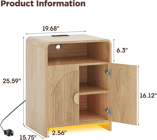 Nightstand with Charging Station and LED Lights, Night Stands with Adjustable Storage Cabinet, Modern Side Table with Fluted Doors and Open Storage, Bedside Table for Bedroom, Natural
