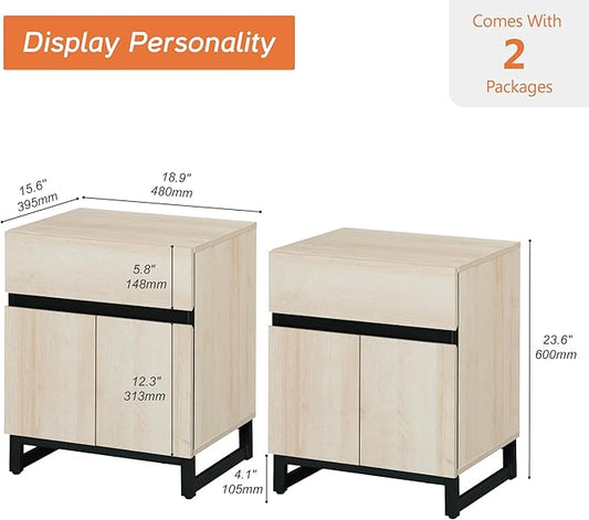 WAMPAT 2 Pack Modern End Table with 1 Drawer & 1 Storage Cabinet, Farmhouse Sofa Table with 2 Open Door, Wood Rustic Side End Table for Living Room, Nighstand for Bedroom, Light Oak