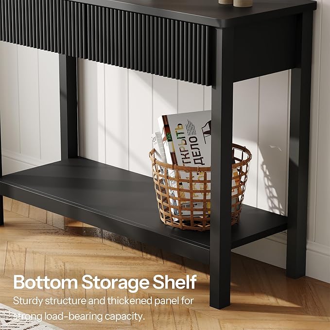 HOOBRO 39.3'' Console Table, Narrow Entryway Table with 2 Wavy Drawers, Sofa Table with 2 Tier Storage Shelf, Behind Couch Table, Display Stand, for Hallway, Entryway, Living Room, Black BK89XG01