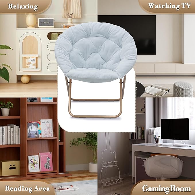 Athena Collection Saucer Chair with Ottoman Comfy Chair for Bed Room Living Room Folding Round Cozy Chair Faux Fur Metal Frame Foldable Lazy Chair Accent Chair Reading Chair, Blue