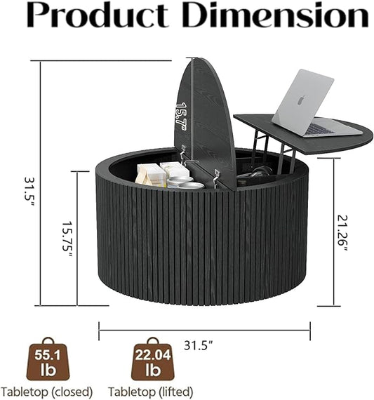 Round Fluted Lift Top Coffee Table, Mid Century Modern Center Table with Storage and Compartment, 2 Tier Small Circle Dining Table, for Living Room, Home Small Space, Black