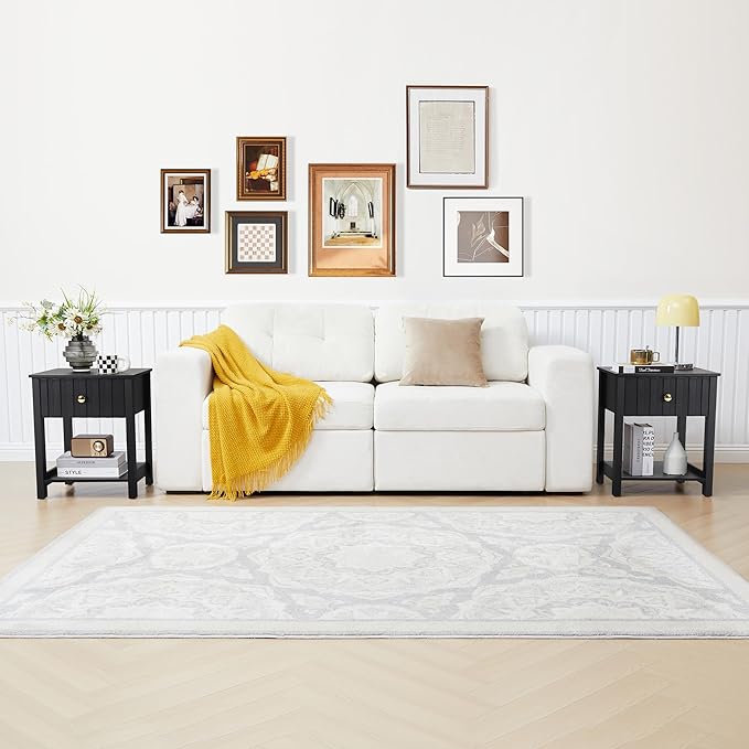 Wood Nightstand, 21.65" H Bedside Table with Wide Fluted Finish, Modern Night Stands with Drawer, Mid Century End Table for Bedroom (Black)