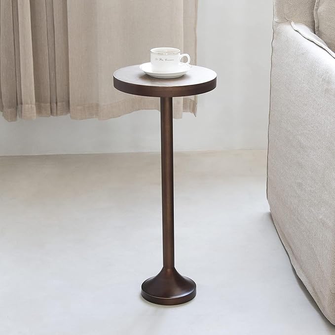 Small Pedestal End Table, Metal Base Side Table, Drinking Table with Scratching Distressed Finish, Light Espresso