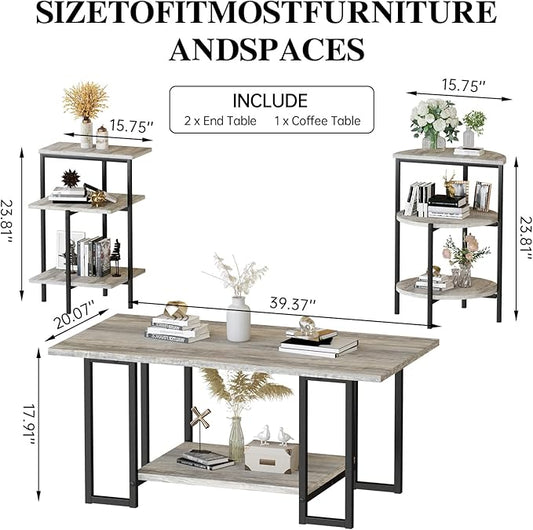 AWQM Faux Marble Table Set, Coffee Table & 2 Side Table, Faux Marble Tabletop and Metal Frame, 3 PieceTable Sets, for Living Room Apartment, Grey