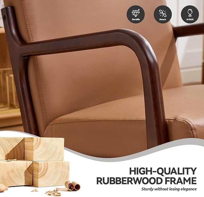 Mid Century Modern PU Leather Accent Chair, Living Room Chairs with Lumbar Pillow Boho Arm Chiar Reading Chair with Solid Wood Frame for Living Room Bedroom