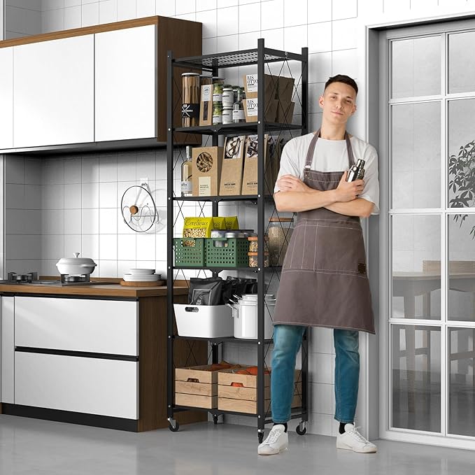 72" H 6 Tier Foldable Storage Shelf with Wheels, Folding Shelving Loads 600 LBS, Metal Steel Garage Shelves, Rolling Standing Utility Rack for Kitchen, Pantry, Office, Black