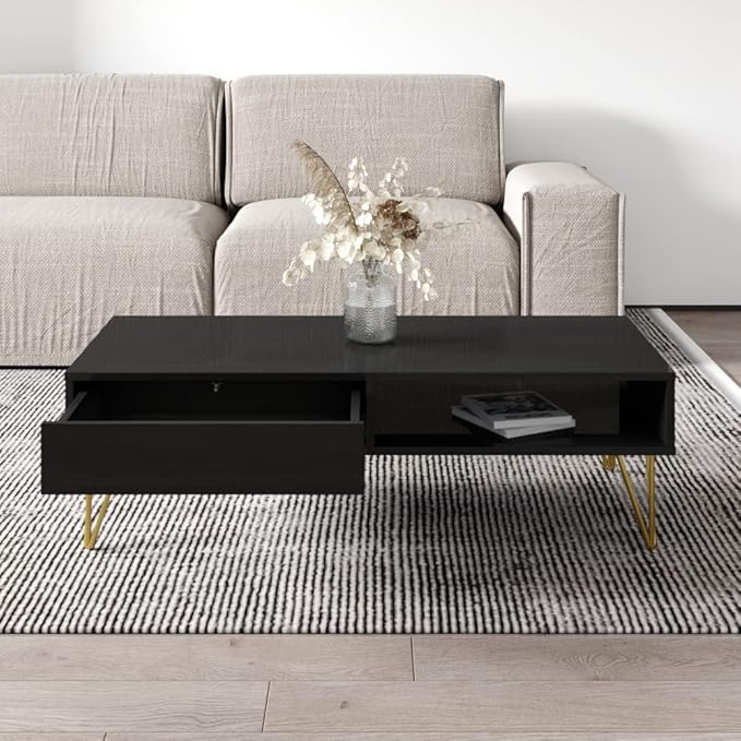 Meble Furniture Repo 51" Coffee Table with Lower Shelf & Drawer - Modern Rectangular Dining Table for Living Room - Durable & Lightweight Wooden Coffee Table with High Gloss Front Finish - Black