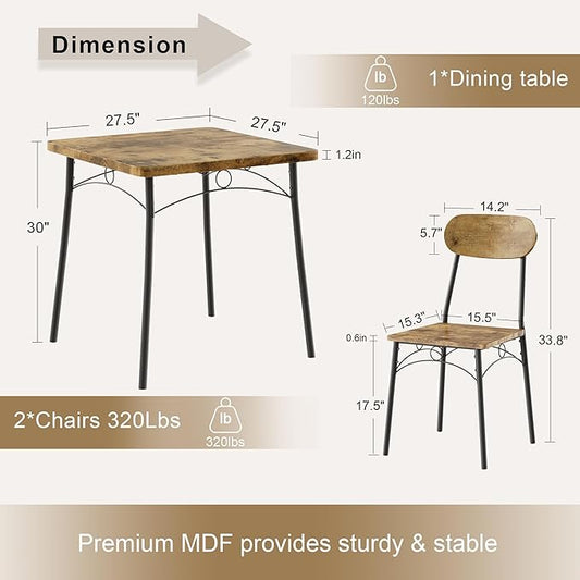 VECELO 3 Piece Small Dining Table Set for 2, Metal and Wood Square Kitchen Dinette for Breakfast Nook, Dining Room, Apartment, Saving Space, Rustic Brown