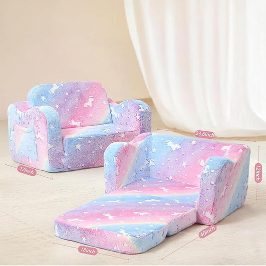 MeMoreCool Toddler Chair & Sofa Bed – Glow‑in‑The‑Dark Unicorn Design | Convertible Fold‑Out Plush Couch for Kids Ages 1‑5, Machine‑Washable Cover, Ideal for Playroom, Naps, Travel