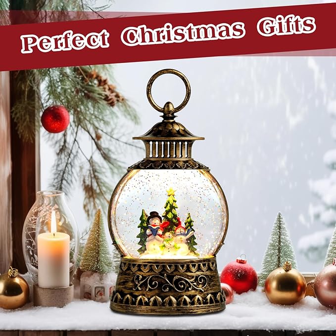 Christmas Snowman Snow Globe, Snowman Musical Snow Globe Lantern Lights with 6H Timer Battery & USB Powered, Retro Style Holiday Glitter Globe for Xmas Home Decoration Holiday Party Gifts