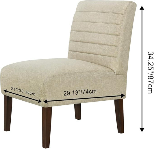 Slipper Accent Chair Modern Armless Lounge Chair with Wood Legs Upholstered Makeup Vanity Tufted Side Chair Fabric Comfy with Decor Back for Living Room Bedroom Patio (Horizontal Back, Beige)