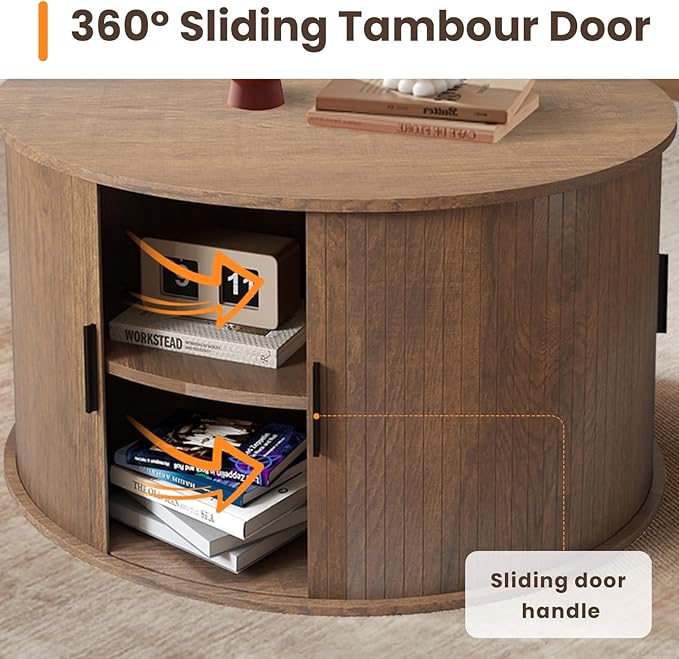 Coffee Table with Storage,31.5" Wood Round Coffee Table Hidden Storage and Open Shelves with 360°Curved Sliding Door,for Living Room Office Apartment,Brown